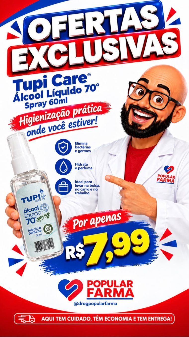 Oferta Tupi Care Álcool 70° Spray 60ml por R$ 7,99